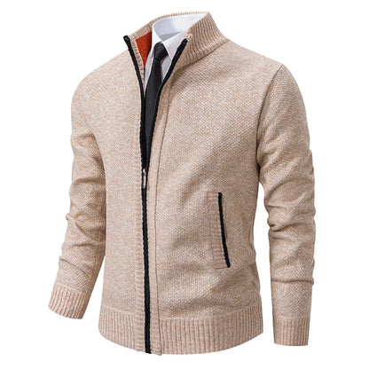 Men's Winter Full Zip Knit Cardigan - Fleece Lined Stand Collar Sweater Jacket