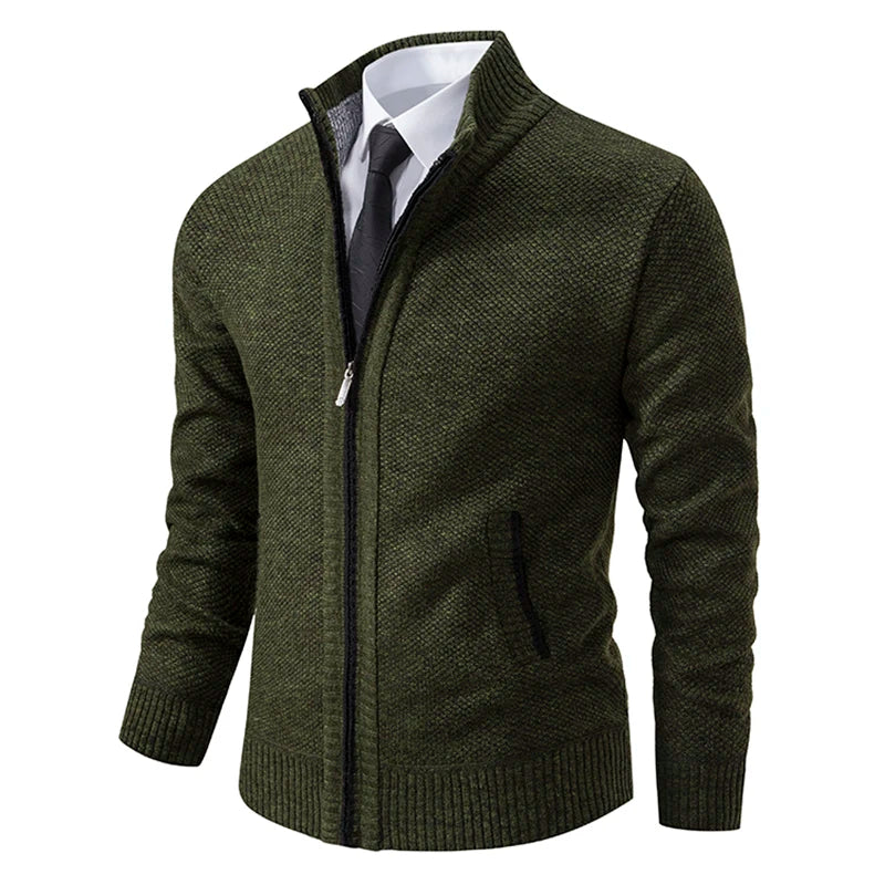 Men's Winter Full Zip Knit Cardigan - Fleece Lined Stand Collar Sweater Jacket