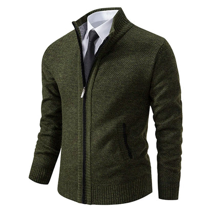 Men's Winter Full Zip Knit Cardigan - Fleece Lined Stand Collar Sweater Jacket