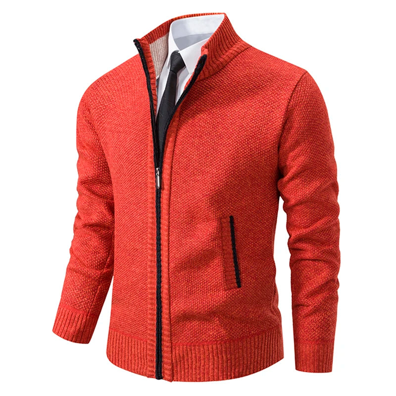 Men's Winter Full Zip Knit Cardigan - Fleece Lined Stand Collar Sweater Jacket