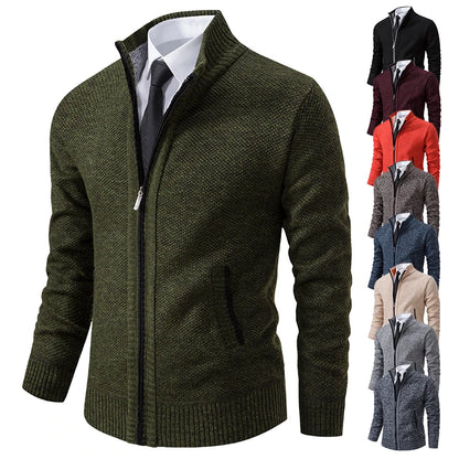Men's Winter Full Zip Knit Cardigan - Fleece Lined Stand Collar Sweater Jacket