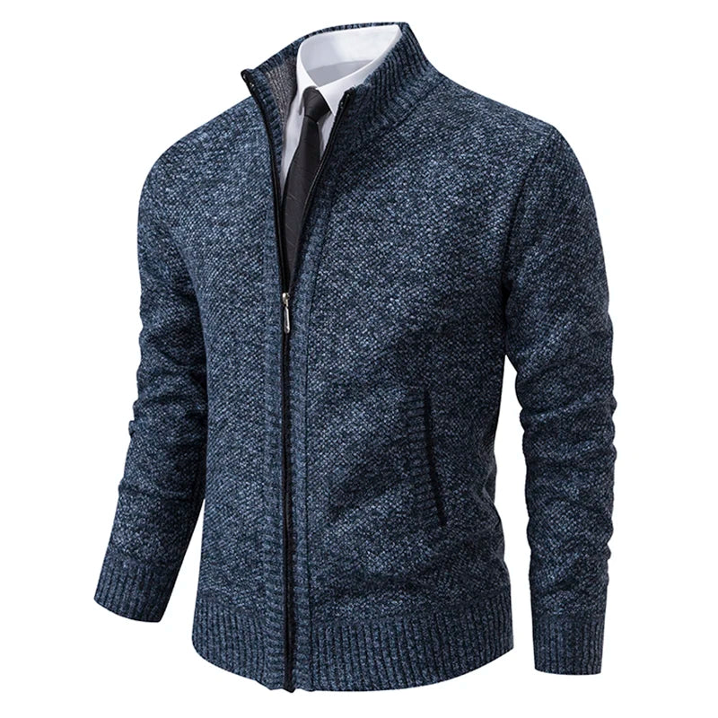 Men's Winter Full Zip Knit Cardigan - Fleece Lined Stand Collar Sweater Jacket