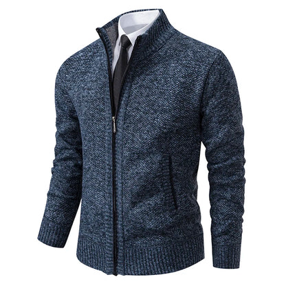 Men's Winter Full Zip Knit Cardigan - Fleece Lined Stand Collar Sweater Jacket