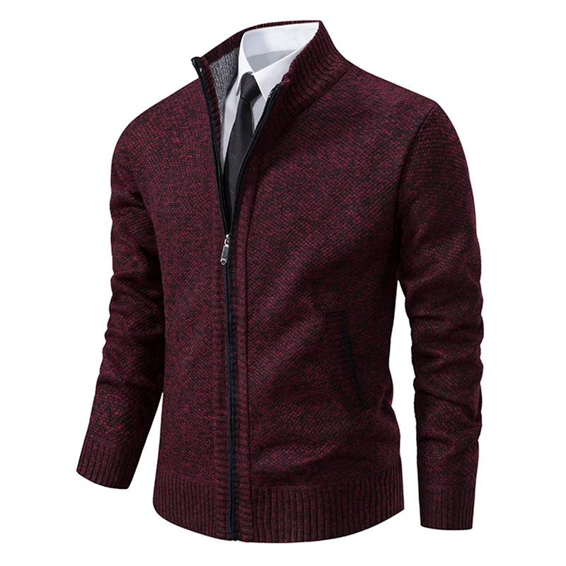 Men's Winter Full Zip Knit Cardigan - Fleece Lined Stand Collar Sweater Jacket