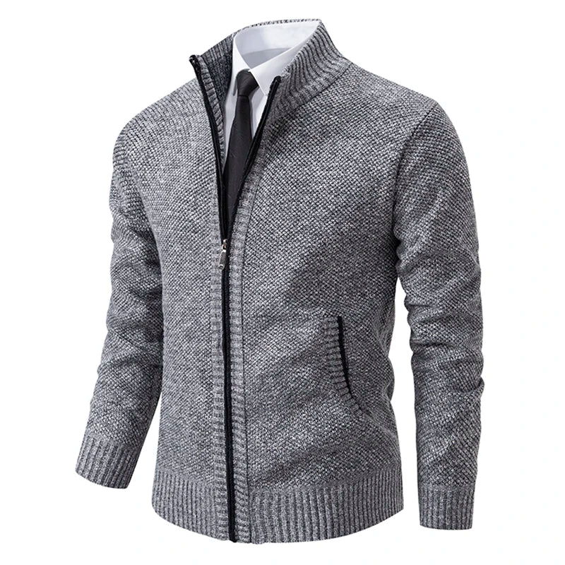 Men's Winter Full Zip Knit Cardigan - Fleece Lined Stand Collar Sweater Jacket