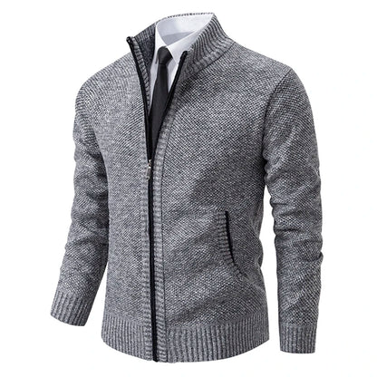 Men's Winter Full Zip Knit Cardigan - Fleece Lined Stand Collar Sweater Jacket