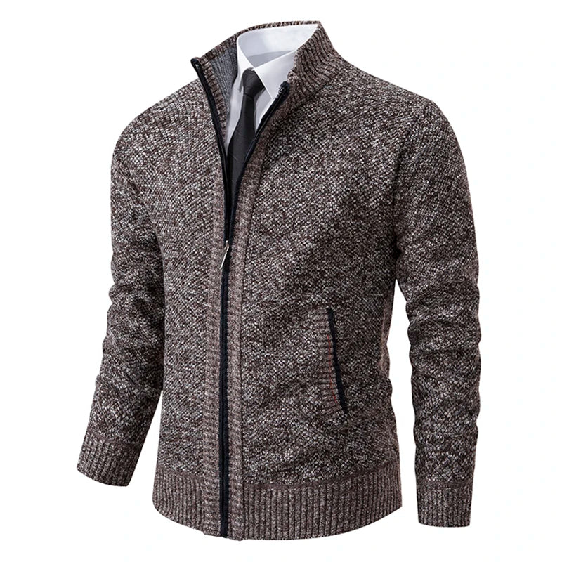 Men's Winter Full Zip Knit Cardigan - Fleece Lined Stand Collar Sweater Jacket