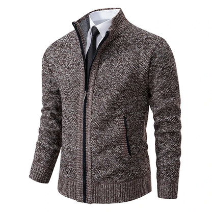 Men's Winter Full Zip Knit Cardigan - Fleece Lined Stand Collar Sweater Jacket