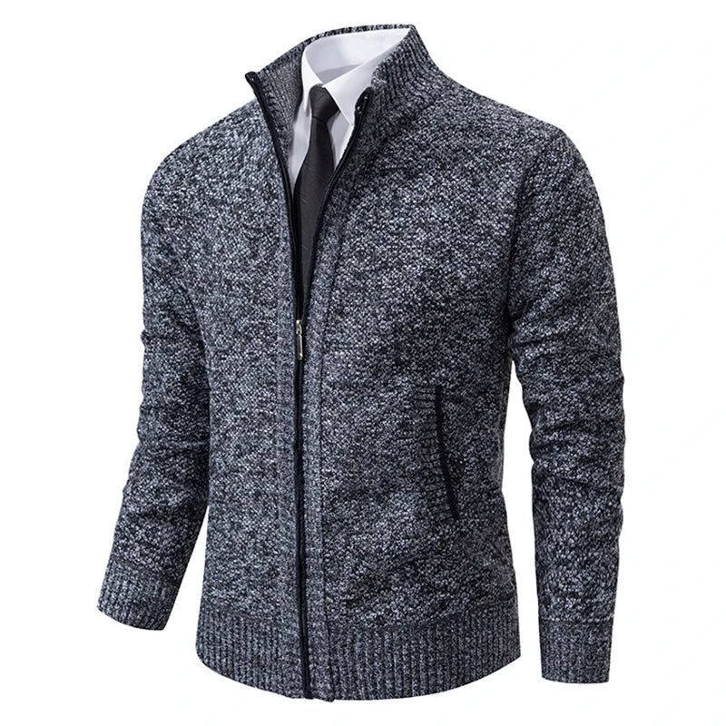 Men's Winter Full Zip Knit Cardigan - Fleece Lined Stand Collar Sweater Jacket