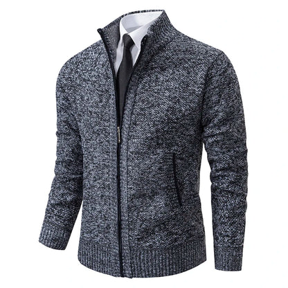 Men's Winter Full Zip Knit Cardigan - Fleece Lined Stand Collar Sweater Jacket